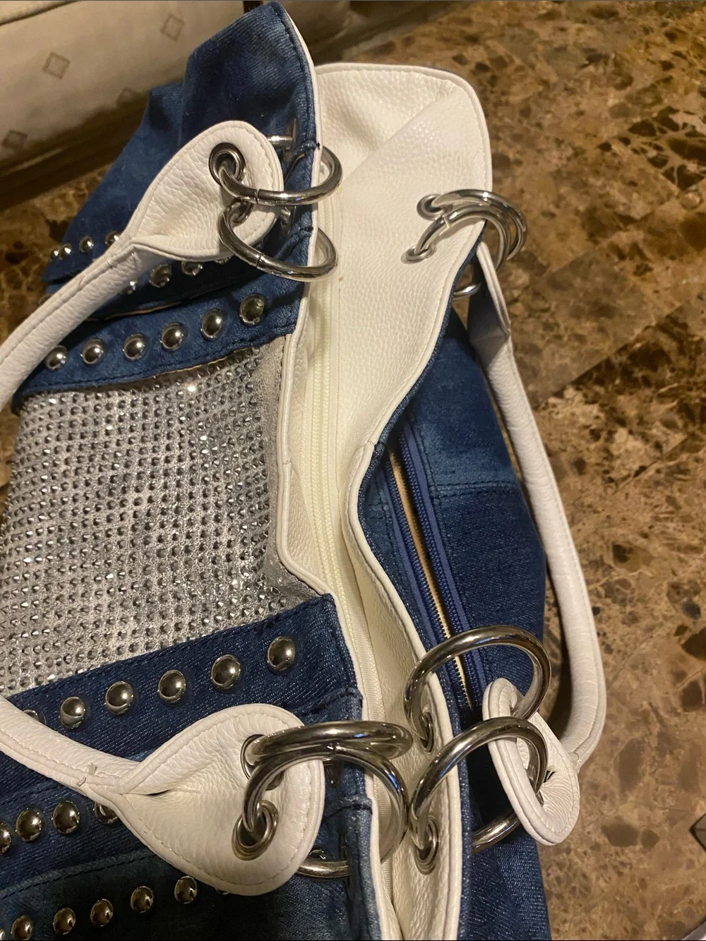 Studded Blue & White Shoulder Bag with Crystal Front